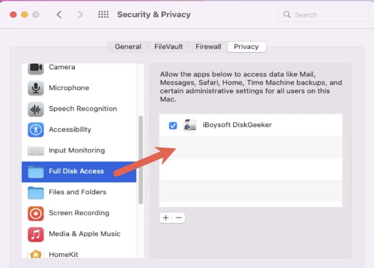 You will then need to go into Settings to bring up Security & Privacy to allow Full Disk Access to external storage devices like an SD card.