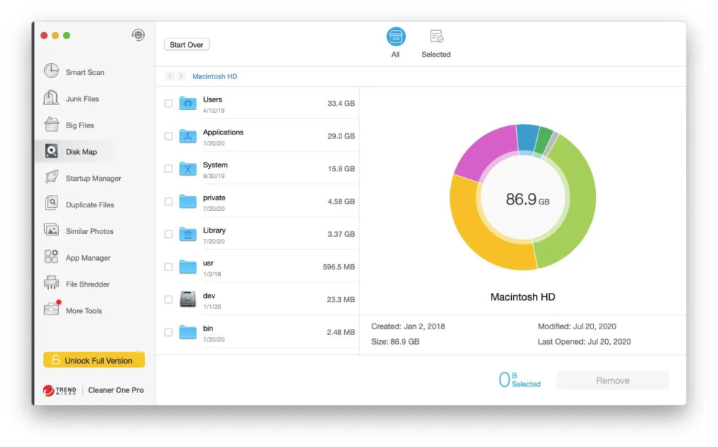 Open Disk Map to view the colour-coded treemap of folders and files, then click any block to drill into the largest items eating your Mac's storage.