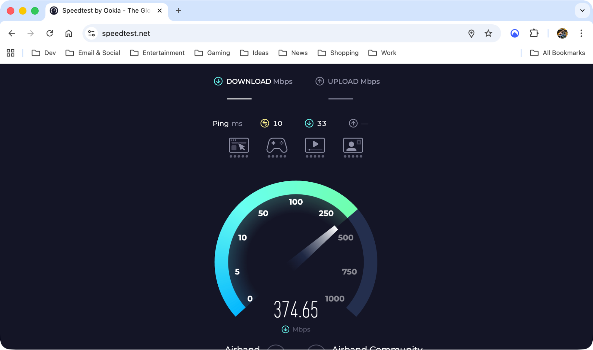 The speedtest.net website inside Google Chrome on Mac. Check your Mac's internet speed and stability to rule out connection issues when you see the NSURLErrorDomain error -1012 message.