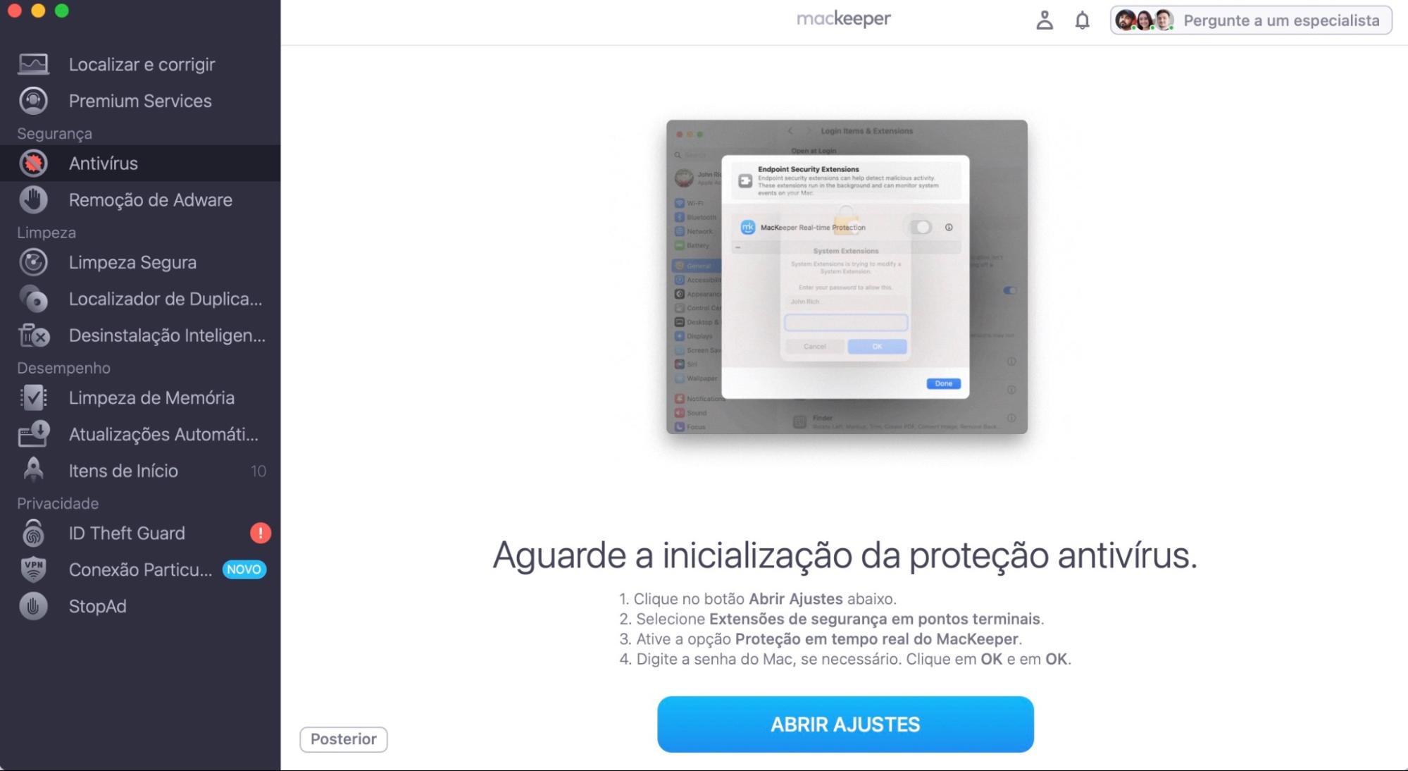 Para finalizar o processo de ativação do antivírus do MacKeeper, você precisará abrir os Ajustes do seu computador. Quando o botão “Abrir Preferências” aparecer no seu dispositivo, selecione-o e os Ajustes do Sistema serão abertos.