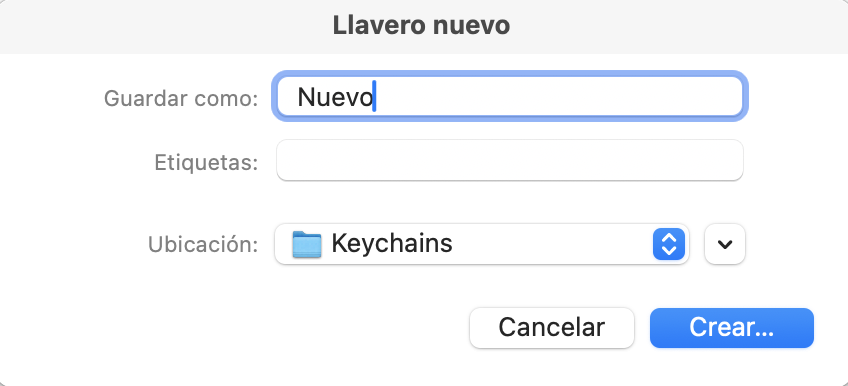 El cuadro de diálogo Crear nuevo llavero en la aplicación Acceso a Llaveros de Mac. Cómo solucionar Servicio de Cuentas quiere usar el llavero de inicio de sesión.