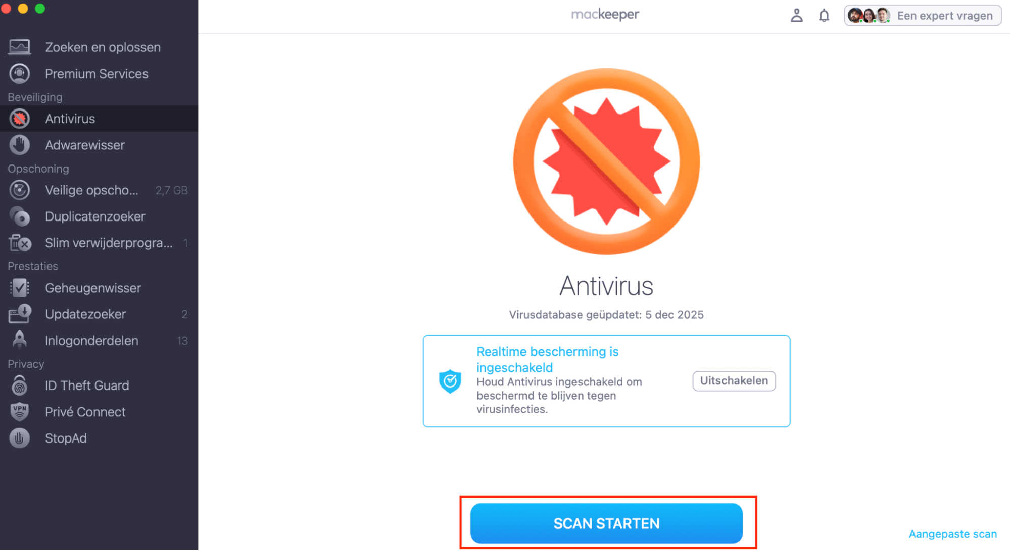 In het Antivirus-venster van MacKeeper zie je een optie om je laptop te laten controleren op virussen en malware. Hiervoor hoef je alleen op Scan starten te klikken.