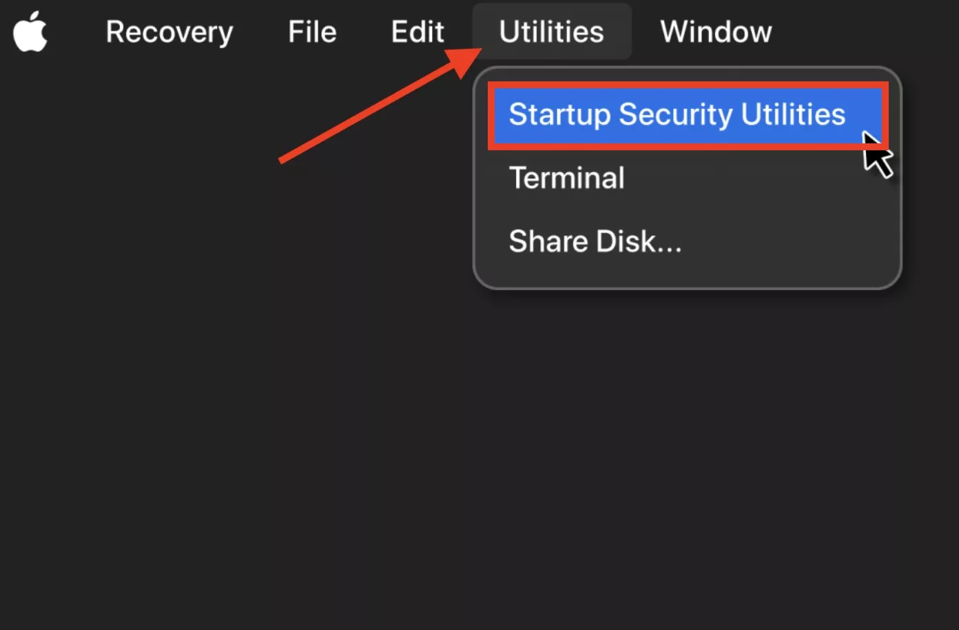 The Recovery Mode window is opened on a Mac. Select Utilities > Startup Security Utility to adjust startup security utility settings.