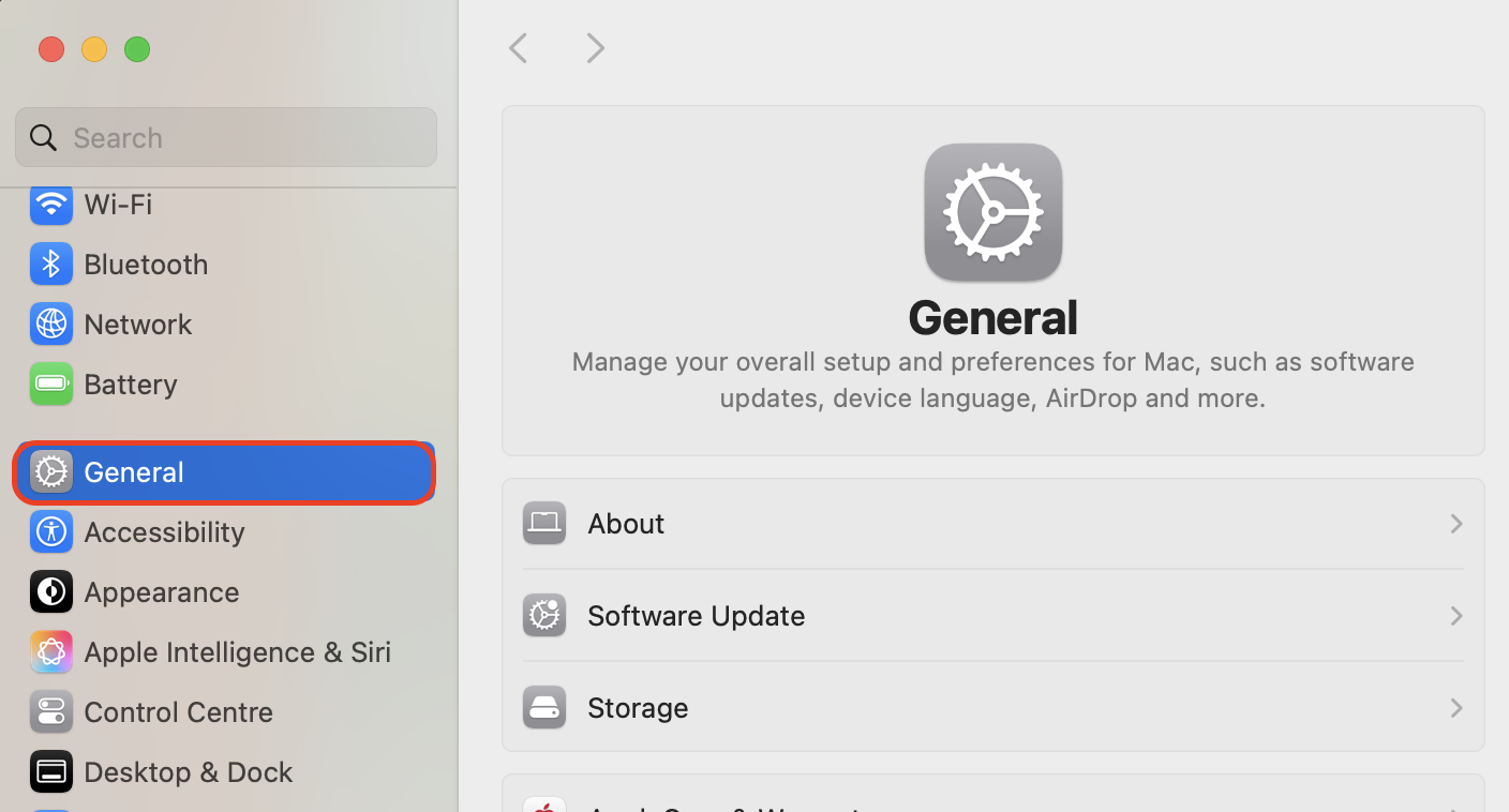 Open System Settings from the Apple menu, then click General in the sidebar to reach the Device Management options where configuration profiles are listed.
