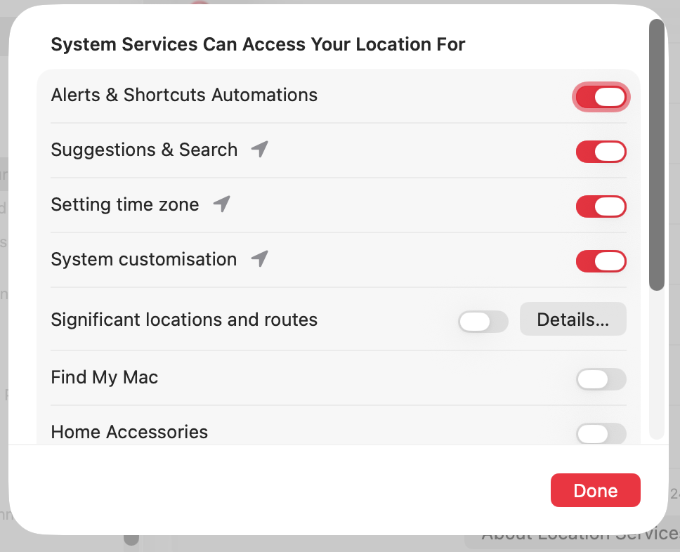A new panel will open, called 'System Services Can Access Your Location For'. Disable anything that might be related to searchpartyuseragent.
