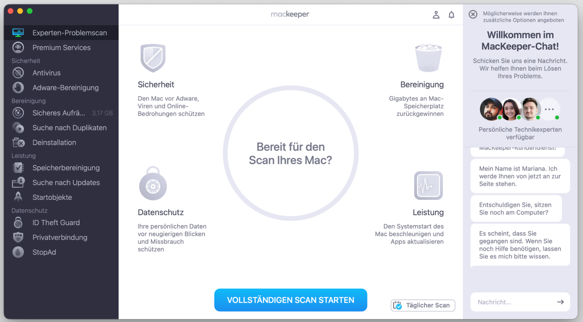 Die MacKeeper-App zeigt das ausgewählte Tool Expertenproblemscan zur Ermittlung der eigentlichen Ursache des Problems auf Ihrem Mac.