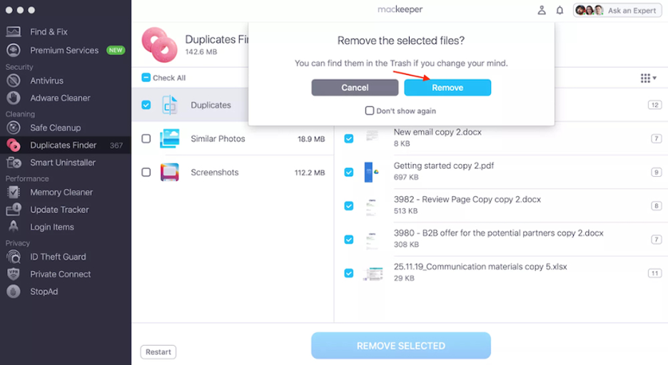To remove the selected duplicate photos using MacKeeper's Duplicates Finder on your Mac, click the Remove button.