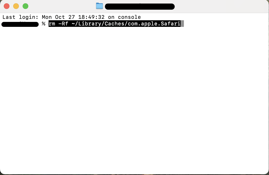 Open Terminal, then type and run rm -Rf ~/Library/Caches/com.apple.Safari to delete Safari's cache files and free up space for smoother browser performance.