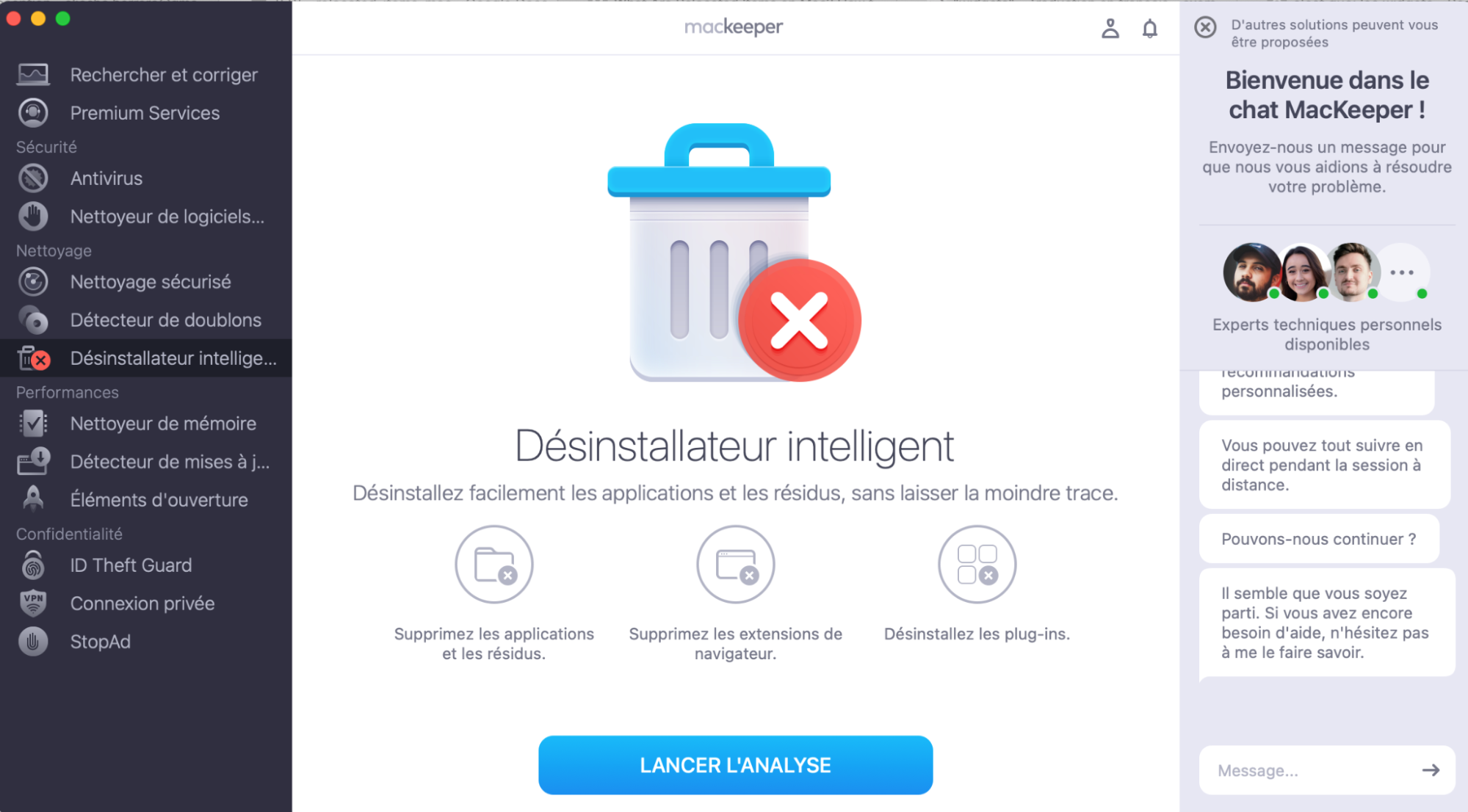 Pour supprimer tous les fichiers inutiles, applications et autres données indésirables de votre Mac, utilisez le Désinstallateur intelligent de MacKeeper. Ouvrez l’application, accédez à Désinstallateur intelligent et cliquez sur Lancer l’analyse.