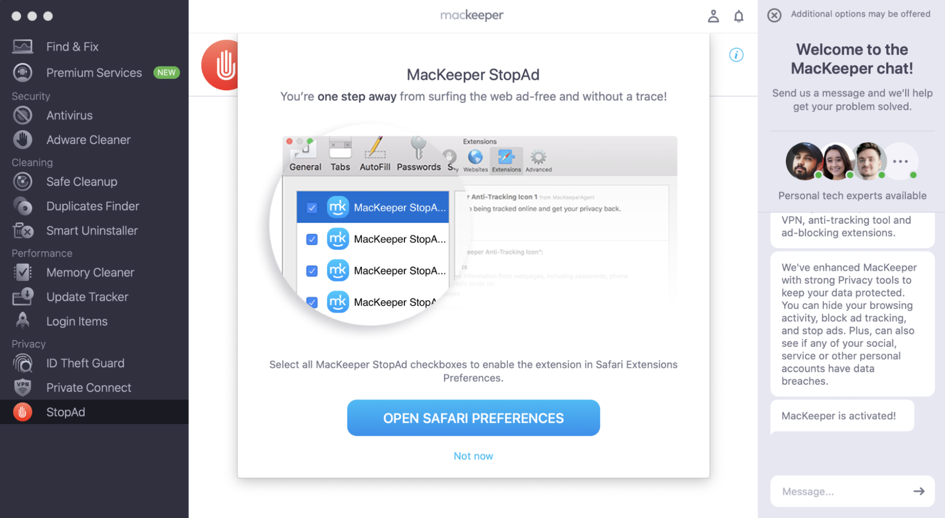 The MacKeeper StopAd tool on Mac. StopAd blocks ads, banners, and privacy-invading trackers across all websites in Safari and Google Chrome on macOS.