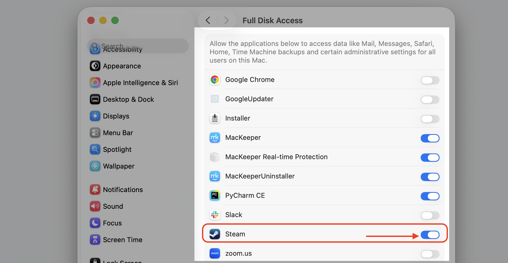 Turn on the toggle next to Steam in the macOS Full Disk Access list on your Apple computer to grant the app access.