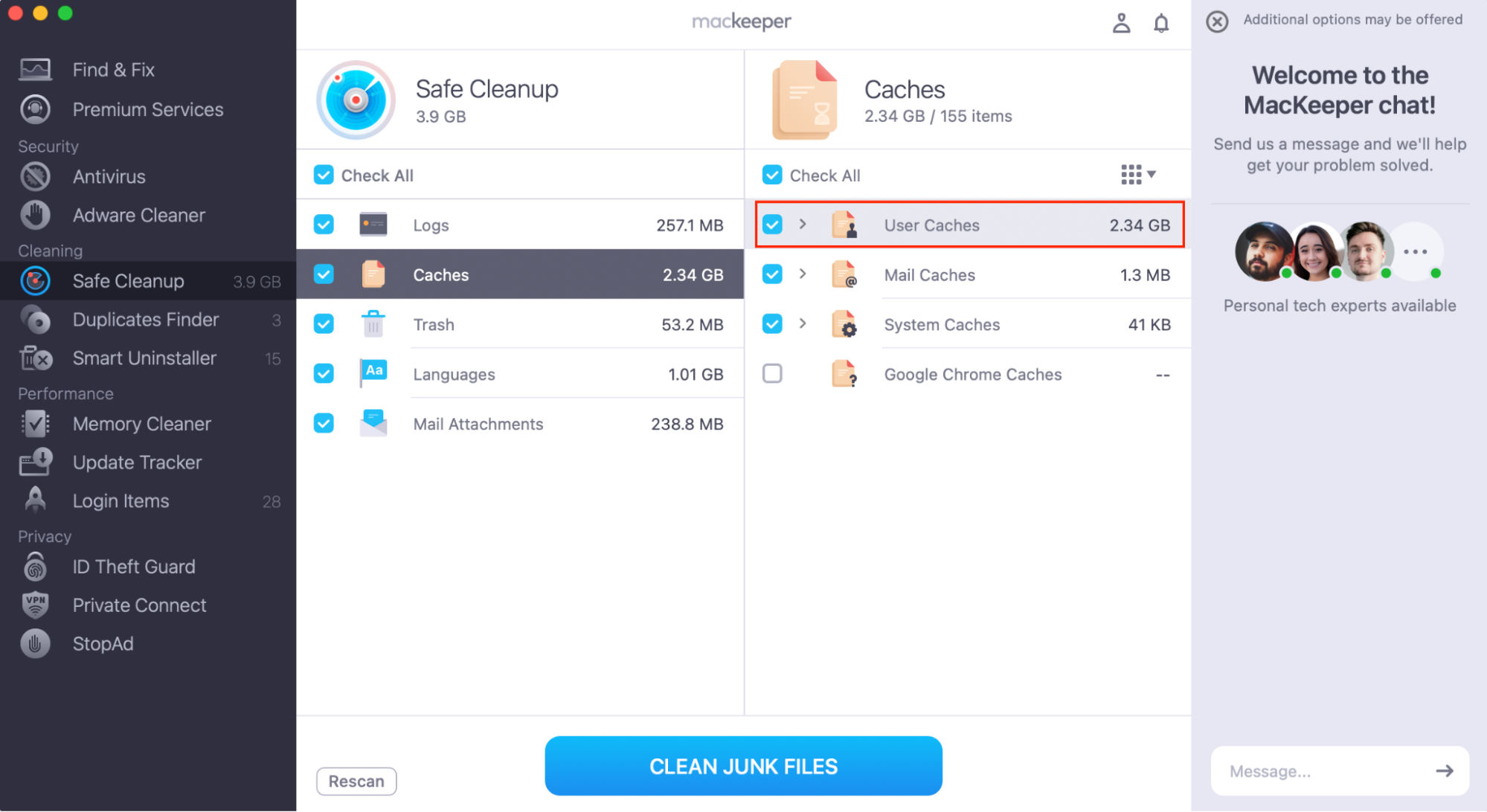MacKeeper’s Safe Cleanup, after a scan. Select the files you want to delete from your Mac, and click Clean Junk Files. Alternatively, tick the Check All box and then Clean junk files to remove all items.