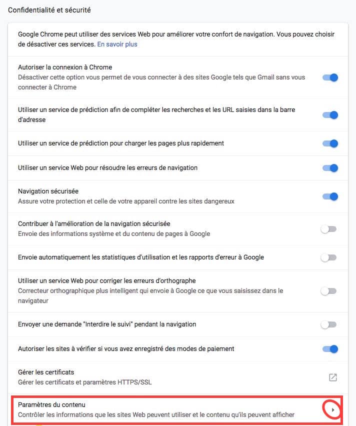 En faisant dérouler le menu Paramètres de Google Chrome vers le bas, vous trouverez les Paramètres avancés. Cliquez dessus et sélectionnez Paramètres du contenu.