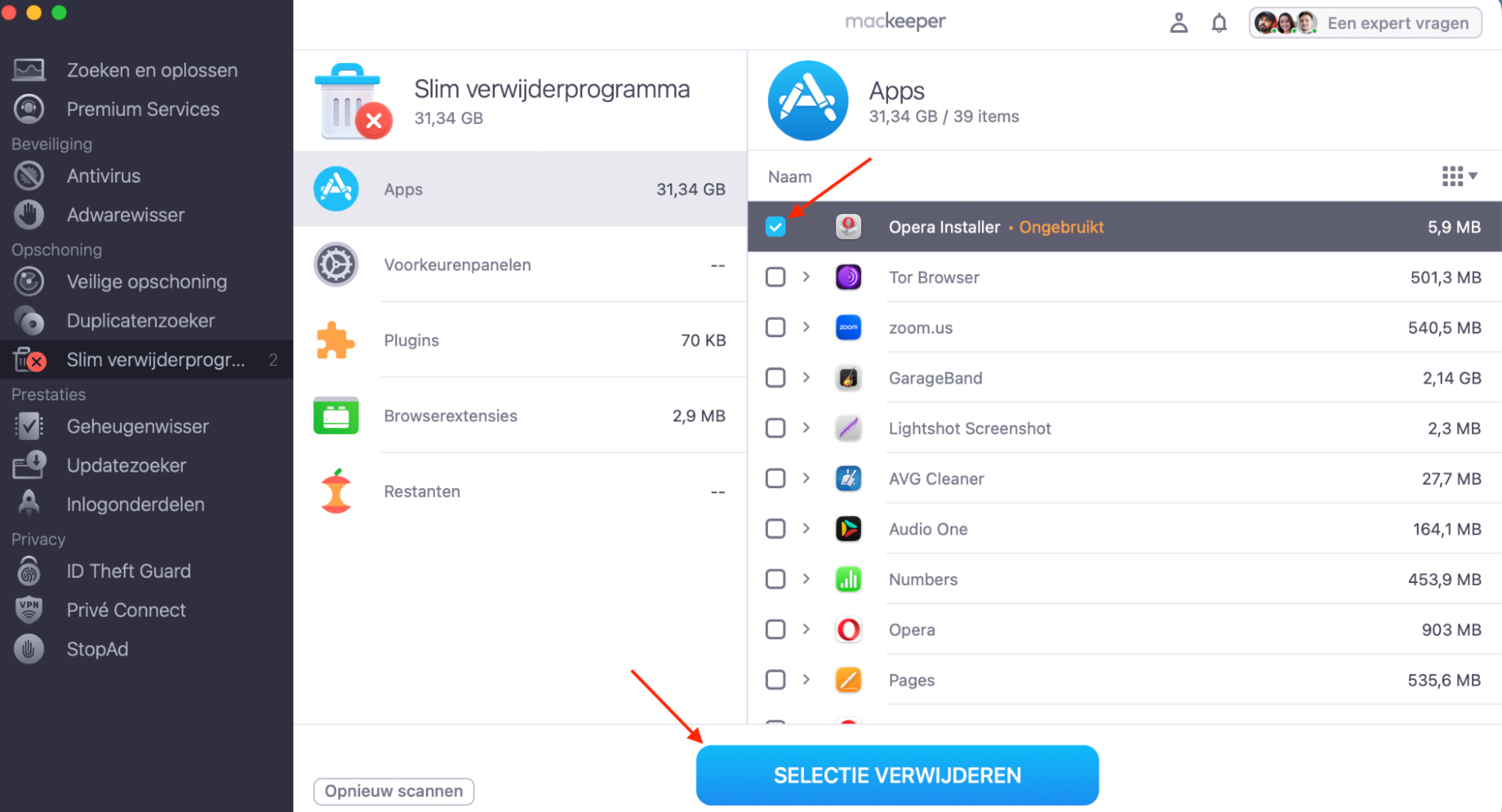 MacKeeper op de Mac toont de tool Slim verwijderprogramma. Om apps te verwijderen, selecteer je de apps die je wilt verwijderen en klik je vervolgens op Verwijder selectie.