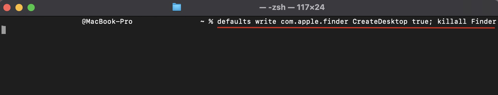 Para exibir os ícones da Mesa do Mac, copie e cole o comando defaults write com.apple.finder CreateDesktop true; killall Finder na janela do Terminal e pressione Enter. Pode ser solicitado que você insira a senha do administrador.