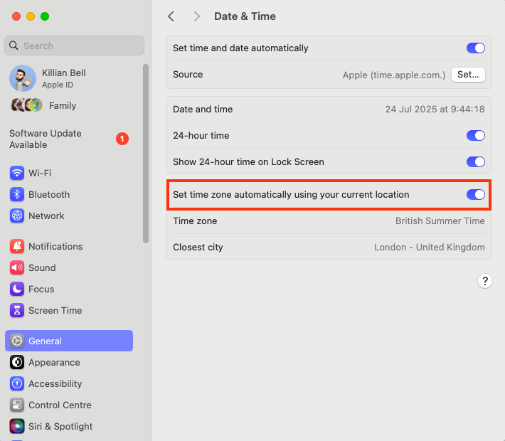 The Set time zone automatically using your current location toggle in System Settings on Mac. Ensure this is enabled when you find that set date and time automatically on Mac is not working.