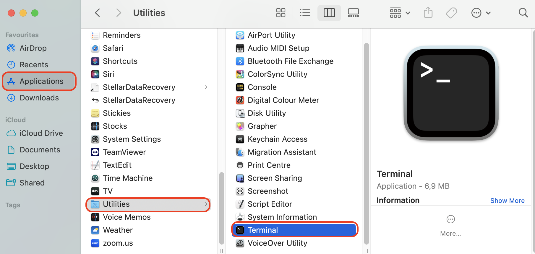 Terminal inside the Applications > Utilities folder on macOS. Use Terminal to create a new bootable USB drive when macOS Monterey cannot be installed on Macintosh HD.