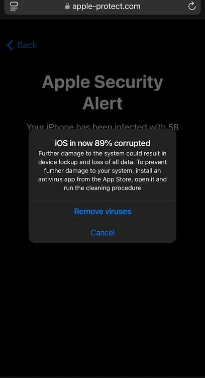 Spot this fake alert by its unofficial apple-protect.com address, inflated virus count, and Remove viruses button urging you to install an antivirus app.