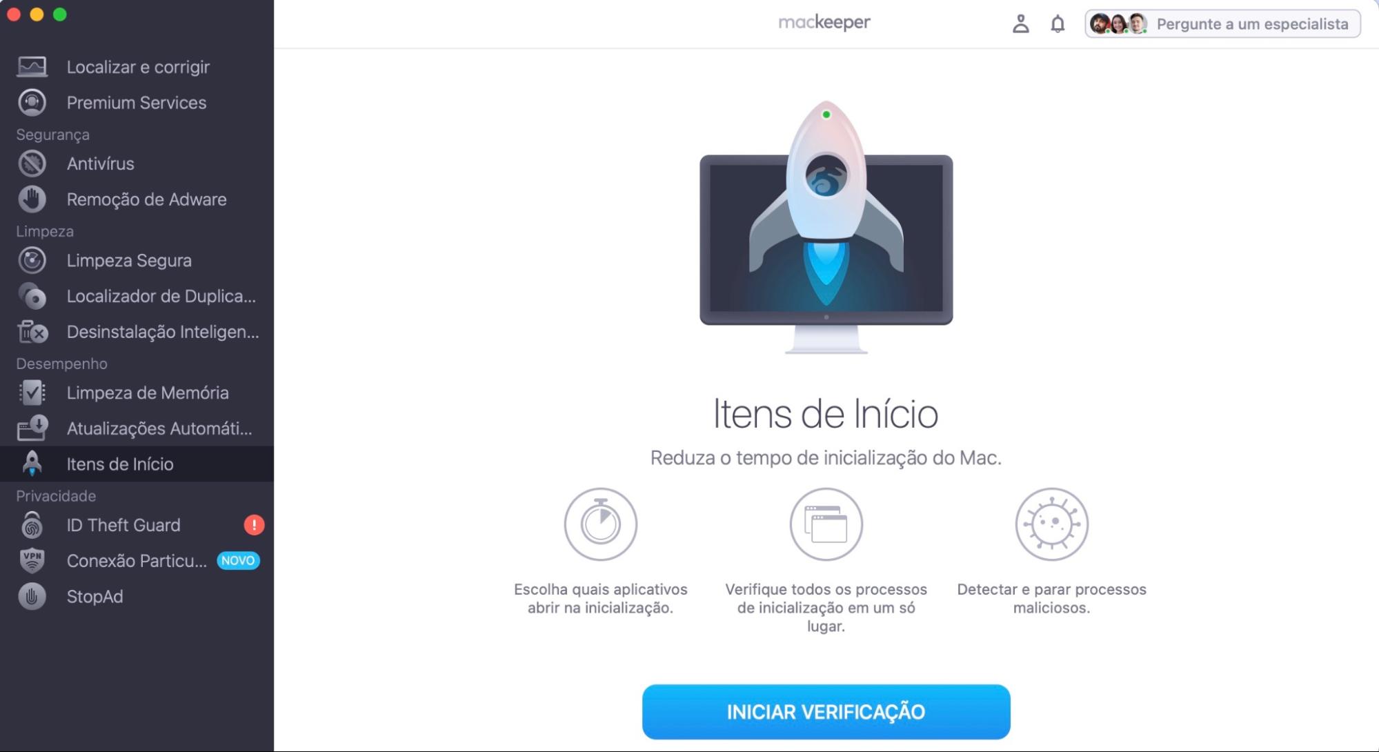 Uma das formas possíveis de resolver kernel panics no Mac é corrigir falhas de aplicativos gerenciando sua lista de itens de início. Use os Itens de Início do MacKeeper ao seu lado para automatizar o processo com o botão Iniciar Verificação.