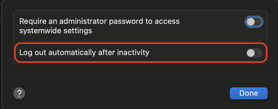 Turn on Log out automatically after inactivity to ensure your Mac signs out when idle, reducing unauthorized access risks.