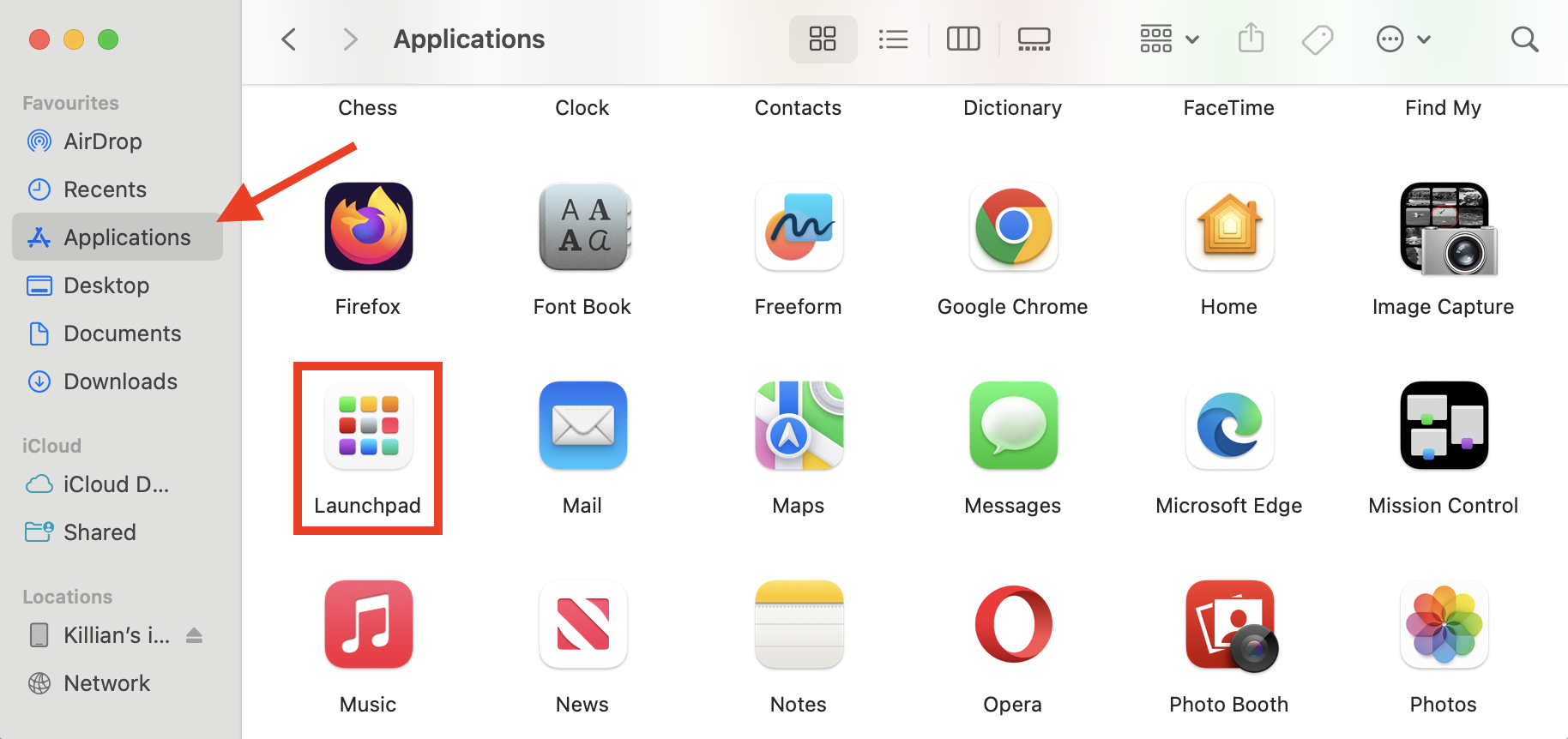 The Launchpad icon in the Applications folder on Mac. If you want to uninstall apps on Mac that were downloaded from the Mac App Store, click and hold their icons in Launchpad, then click X > Delete.
