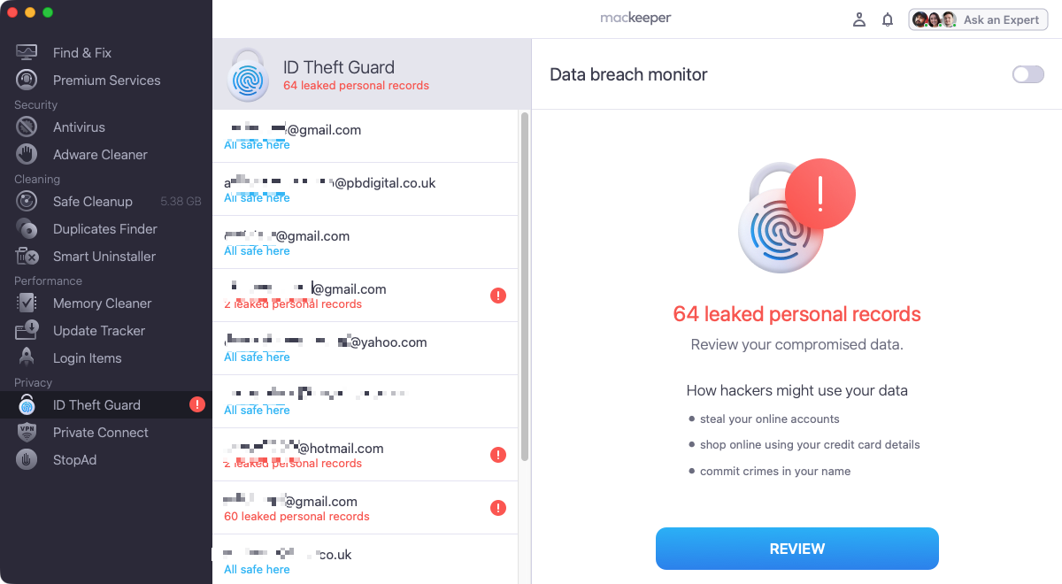 MacKeeper's StopAd offers anti-tracking, while its ID Theft Guard informs you if your personal details have been leaked on the internet or dark web.