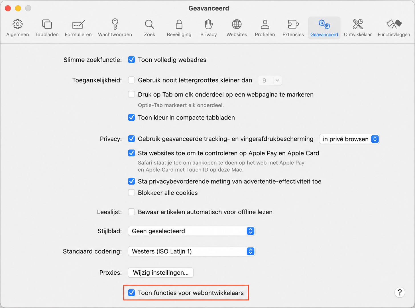 Het menu met geavanceerde instellingen van Safari. ‘Toon functies voor webontwikkelaars’ is aangevinkt. Dit maakt deel uit van een handleiding over hoe je Safari reset om valse McAfee pop-ups op een Mac te stoppen.