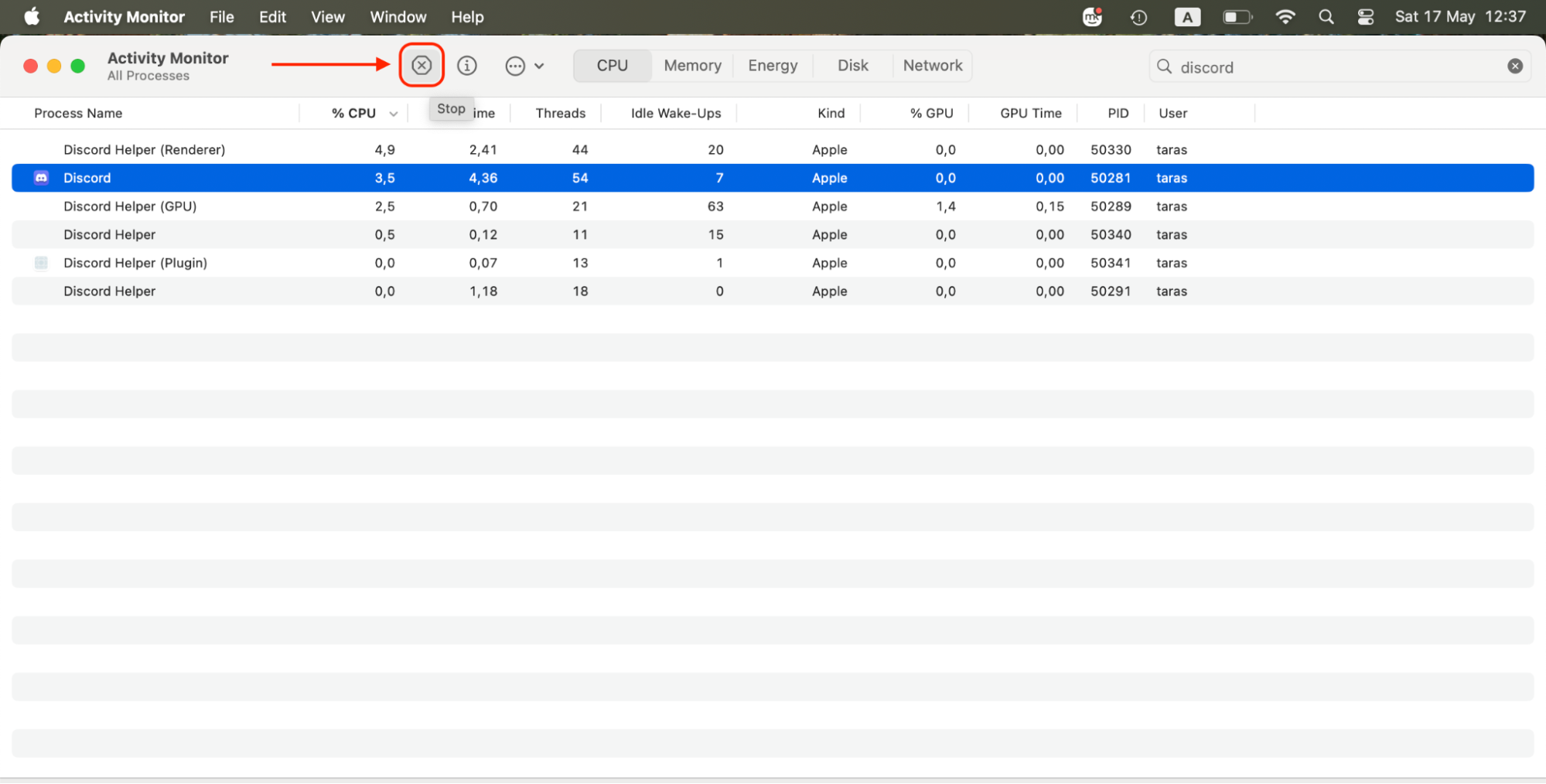 Select Discord from the Activity Monitor list, then click the X icon at the top to force quit the app and stop all related background processes.
