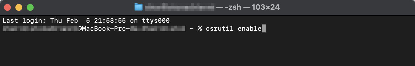 Para reativar o SIP, depois de desinstalar o Safari do Mac, digite csrutil enable e pressione Enter. Em seguida, reinicie seu Mac normalmente.