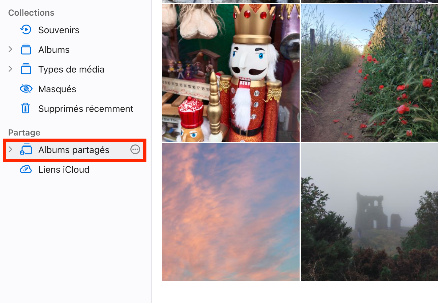 Depuis la page d’accueil d’iCloud, sous Photos, vous trouverez vos Albums partagés, comprenant plusieurs ensembles de vos photos. Choisissez les images que vous voulez transférer vers votre Mac et cliquez sur l’icône Cloud pour les télécharger.