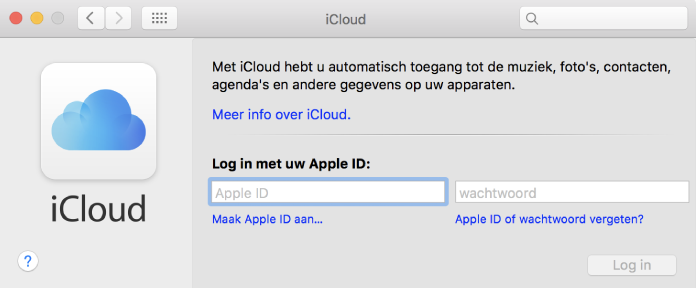 Het iCloud-venster op Mac. Om bestanden van Mac naar Mac te verplaatsen via iCloud-opslag, voer je je iCloud-e-mailadres en wachtwoord in en klik je op Volgende om in te loggen.
