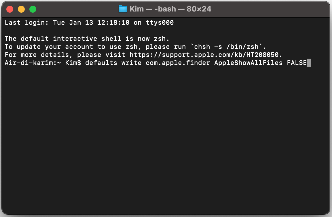 Per tornare alla modalità di visualizzazione normale nel Terminale del tuo Mac, modifica leggermente il primo comando sostituendo TRUE con FALSE.