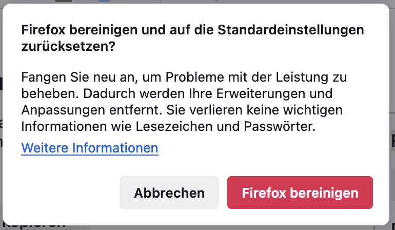 Ein Dialogfeld in Firefox auf dem Mac mit der Frage, ob Firefox bereinigt werden soll. So setzen Sie Firefox zurück, als Teil einer Anleitung, wie man gefälschte McAfee-Pop-ups auf dem Mac blockieren kann.