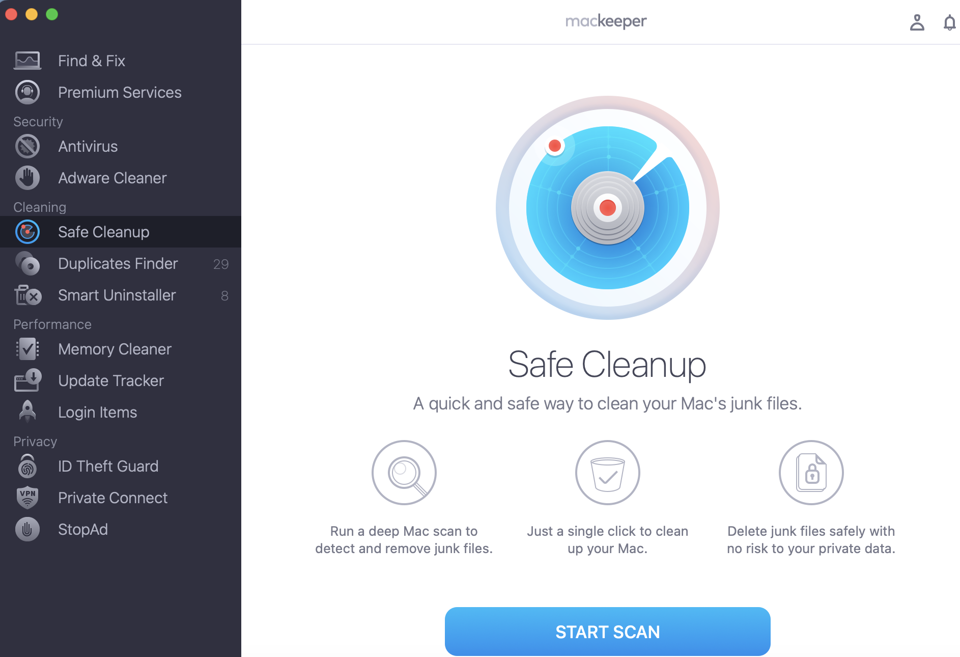 To free up space on Mac Monterey, run MacKeeper, select Safe Cleanup and click Start Scan.