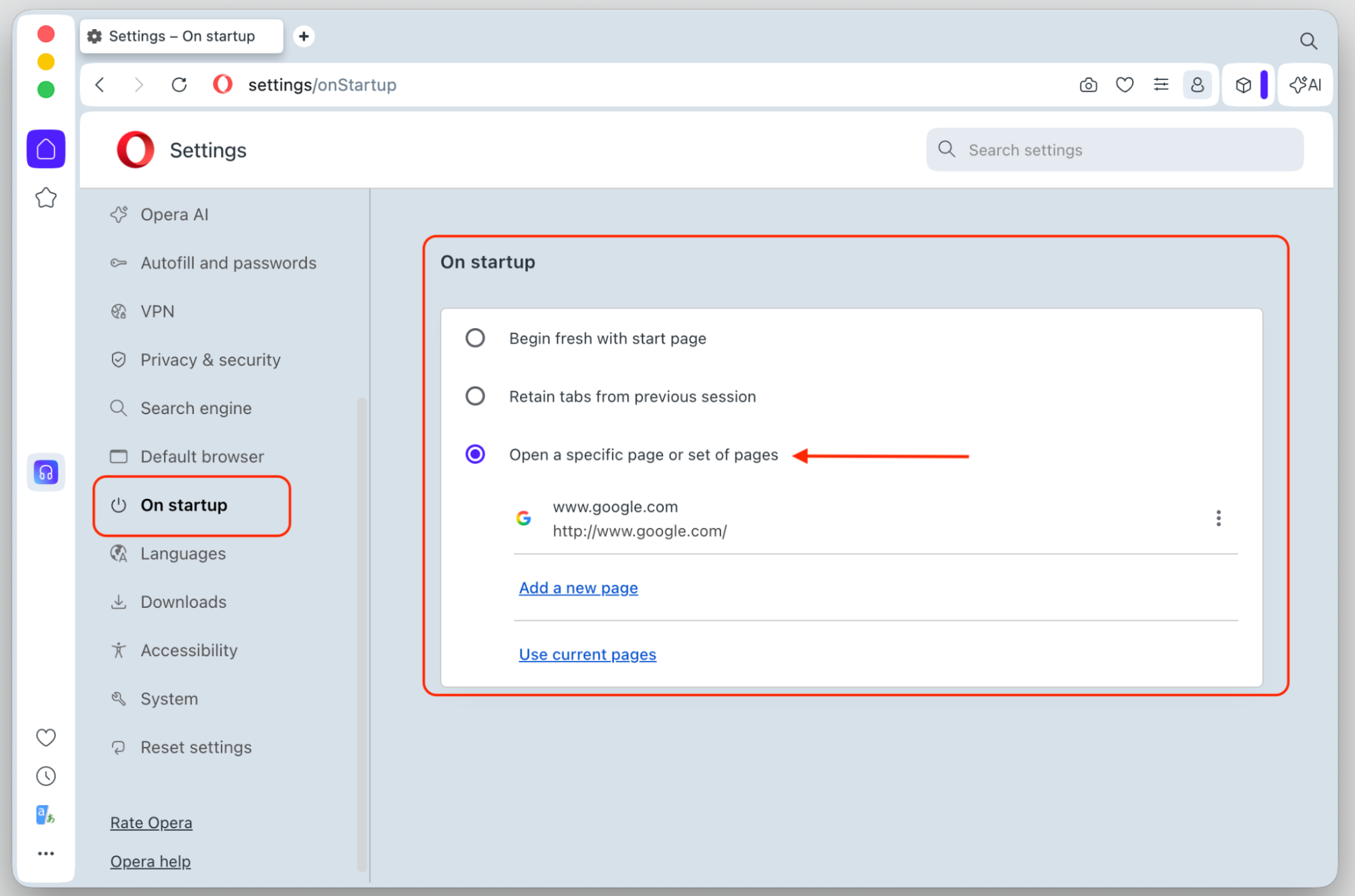 Opera Settings On startup section on a MacBook with Open a specific page selected to undo homepage changes made by Chromium malware.