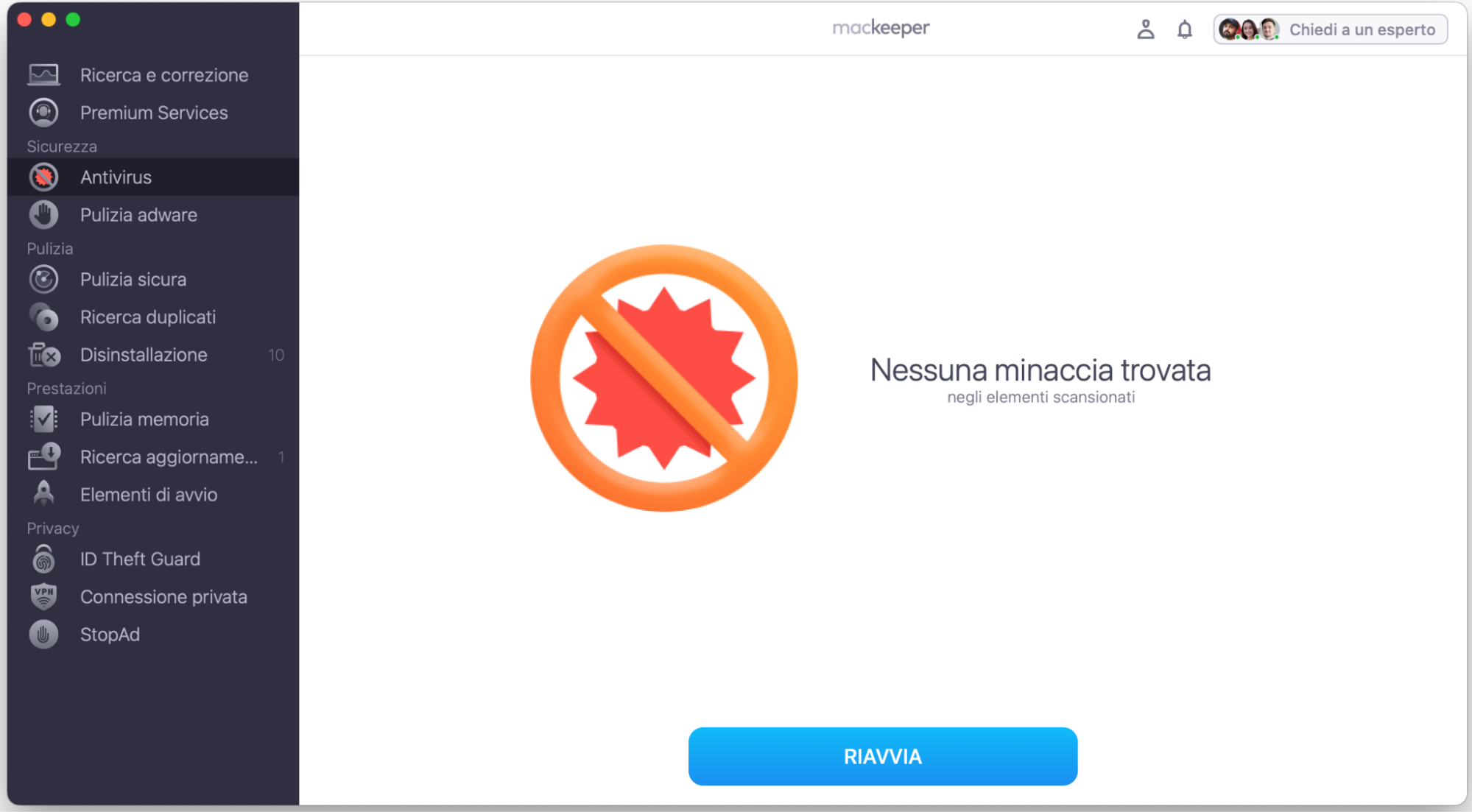 Se sul tuo Mac viene rilevata una minaccia, fai subito clic sul pulsante Elimina per rimuoverla dal computer il prima possibile.