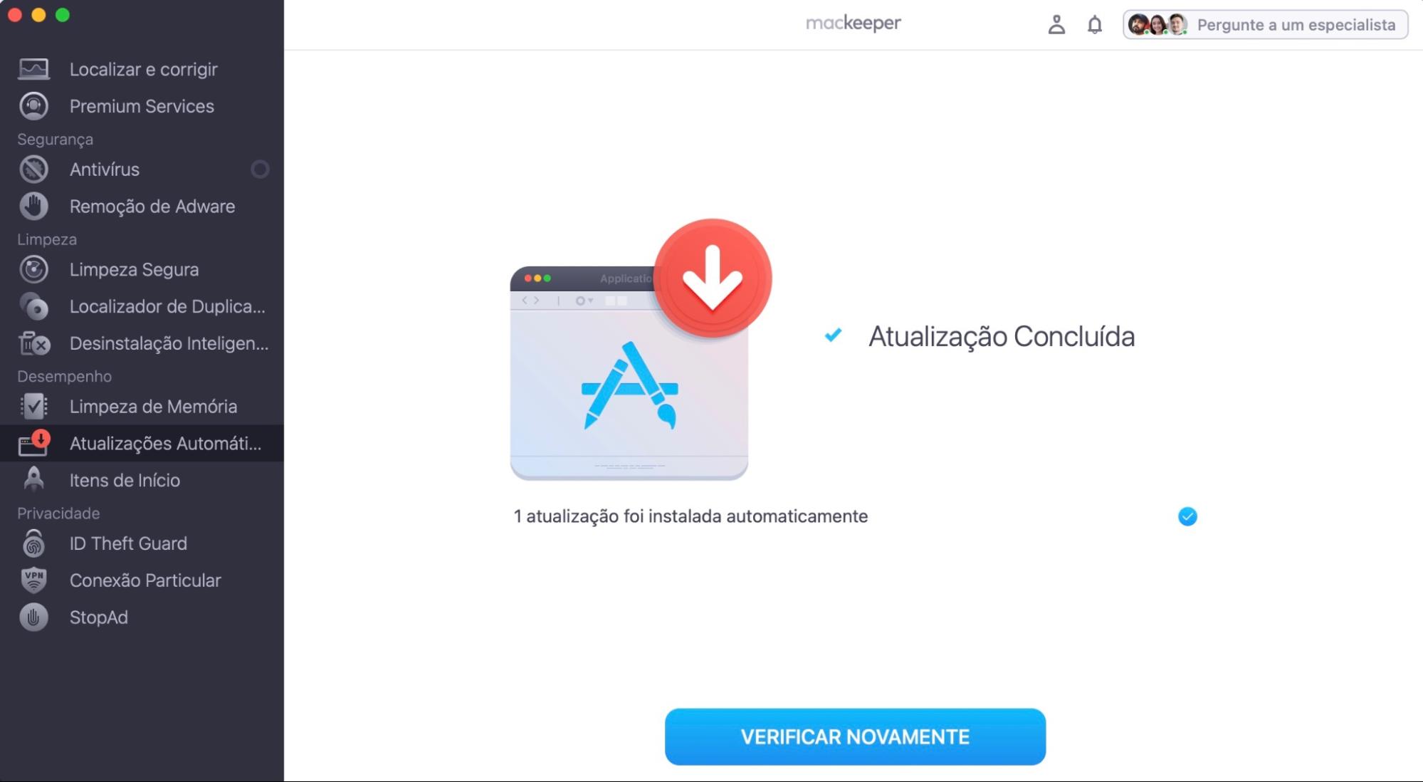 Atualização concluída. Clique em verificar novamente para checar novas atualizações.