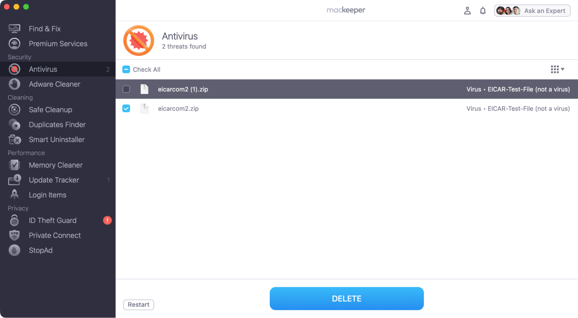 If MacKeeper's Antivirus finds anything malicious, select it from the list, and click the 'Delete' button. Then it's a good idea to restart your Mac and see if the VTDecoderXPCService problem has been resolved.