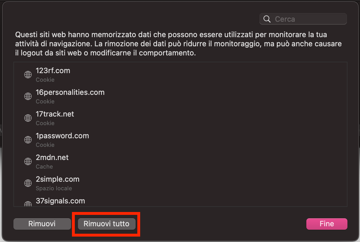 Un elenco di tutti i dati dei siti web salvati in Safari su Mac. Clicca Rimuovi tutto per eliminare tutti i dati e ripristinare le impostazioni.