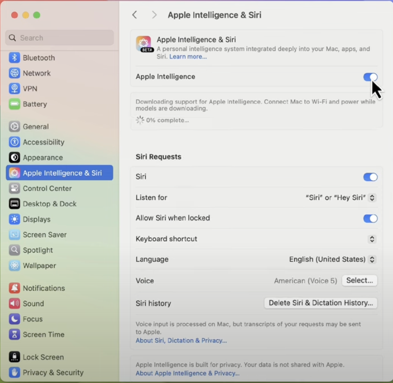 Enabling Apple Intelligence on Mac is super easy, so long as you have the correct version of macOS - Sequoia installed first otherwise it won’t be available. If you’re running on Sequoia, you can go straight to your System Settings and click on the Apple Intelligence & Siri tab. From there you’ll be able to Turn On the software.