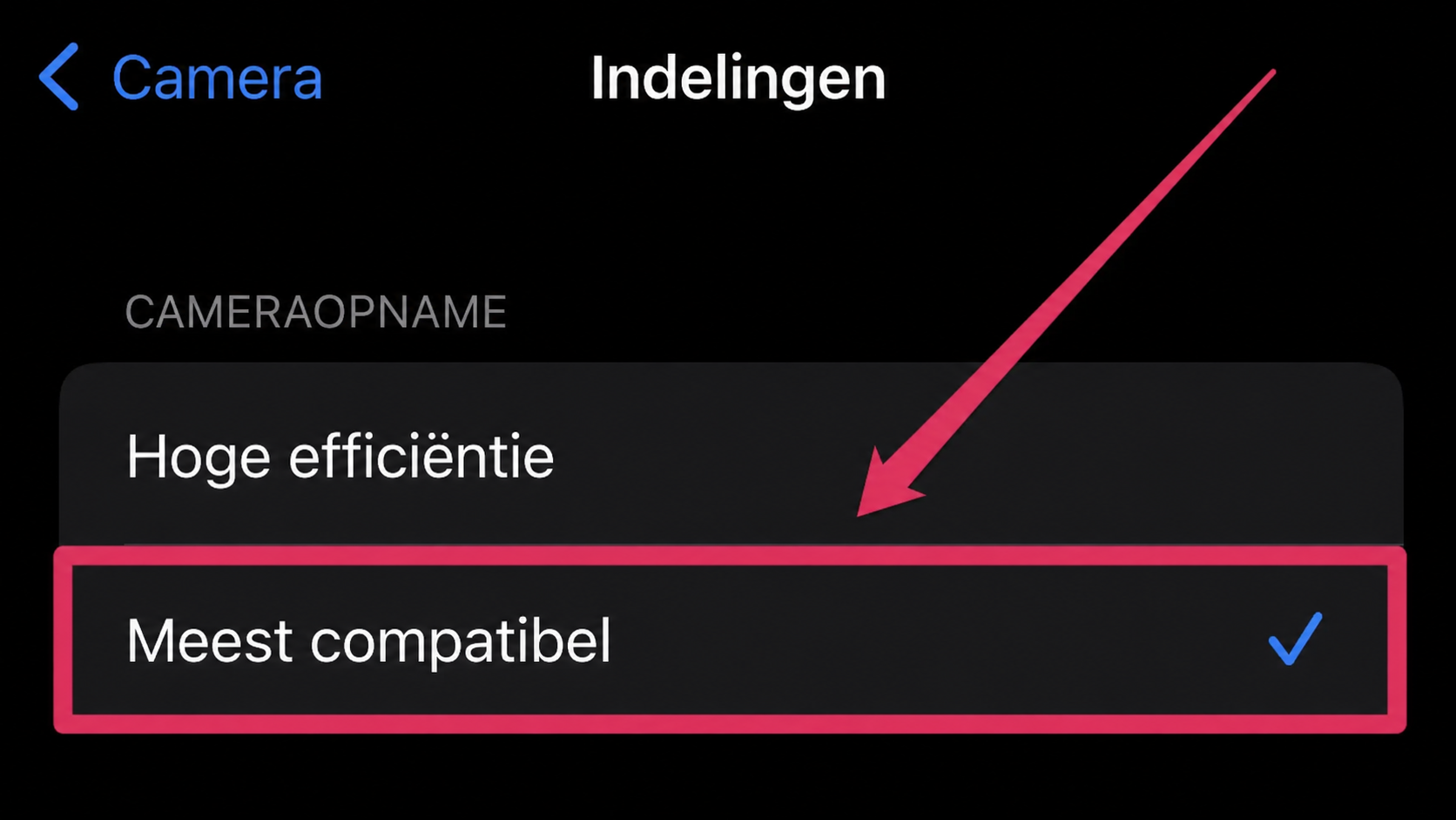 Wijzig het HEIC-formaat naar JPG door op je iPhone naar ‘Instellingen’ > ‘Camera’ > ‘Formaten’ te gaan. Kies hier voor ‘Meest compatibel’ in plaats van ‘Hoge efficiëntie’