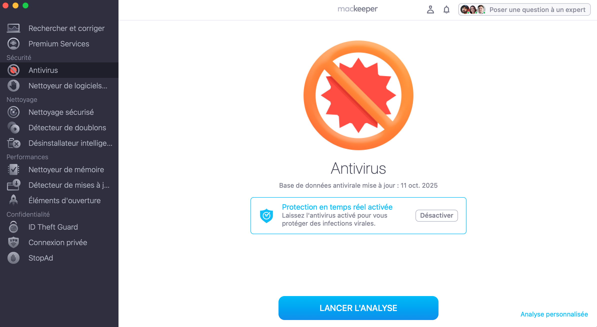 Pour rechercher des virus sur votre Mac, utilisez l'Antivirus de MacKeeper. Lancez MacKeeper, allez dans Antivirus et cliquez sur Lancer l'analyse.