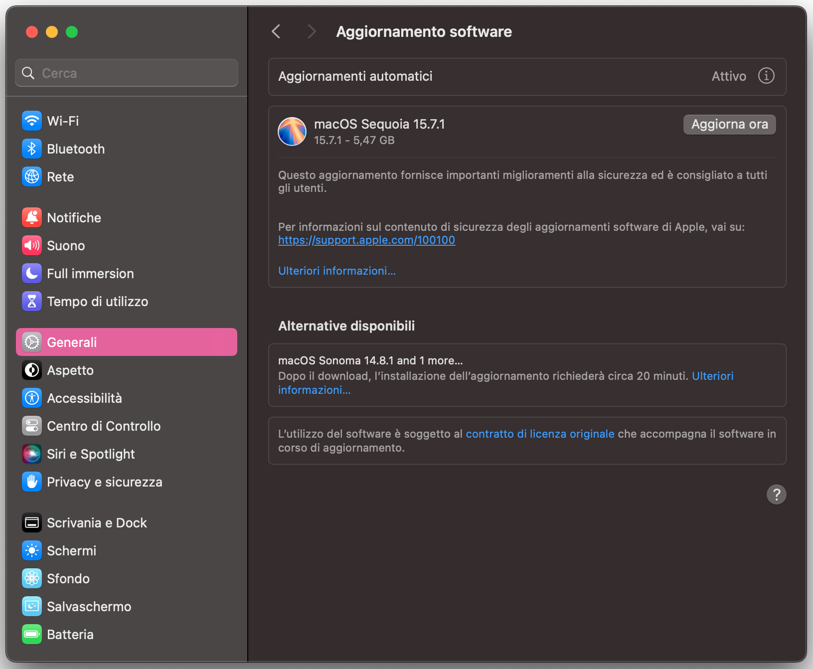Segui le istruzioni sullo schermo nella sezione Aggiornamento software delle Impostazioni di sistema.