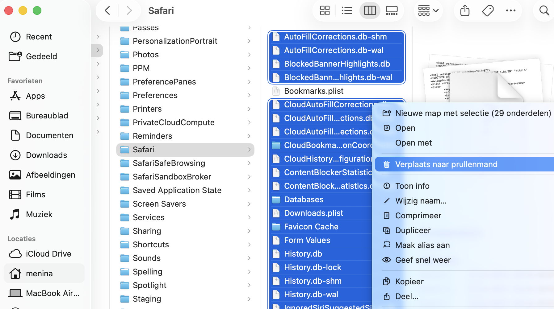 Gebruik de optie ‘Ga naar map’ om naar de map ~/Bibliotheek/Safari/ te gaan. Verwijder daar alles, behalve je bladwijzers. Vergeet daarna niet om de Prullenmand te legen.