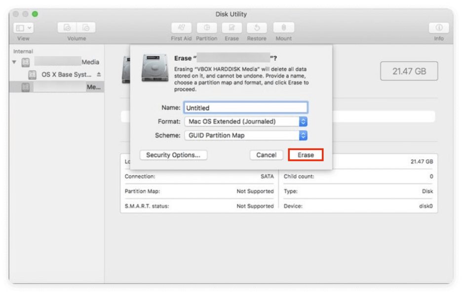 To factory reset your MacBook running High Sierra, click the Erase button to finalize the process.
