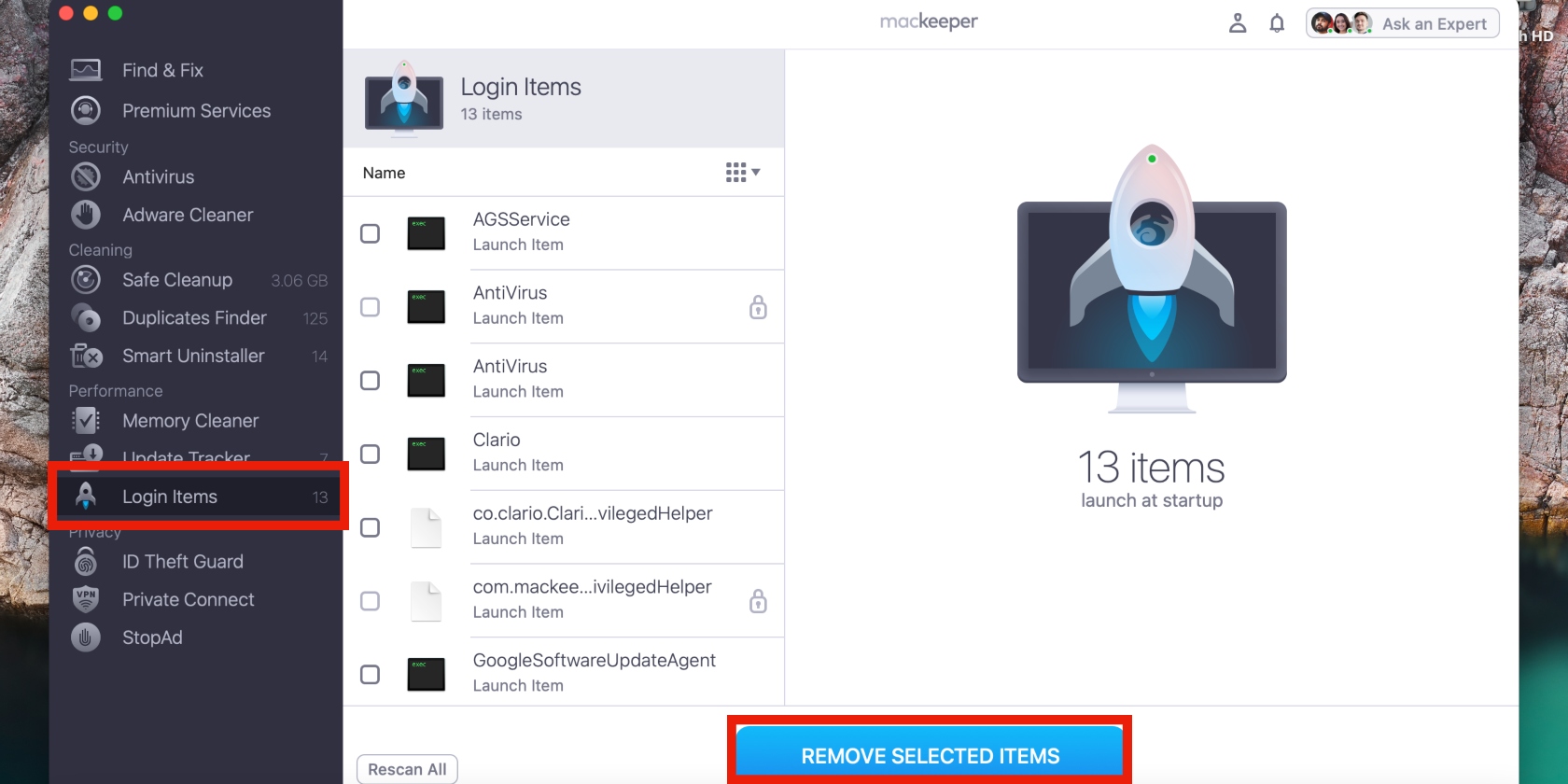 MacKeeper is open on a MacBook device. Remove login items using the Login Items feature to reduce energy usage on your Mac.