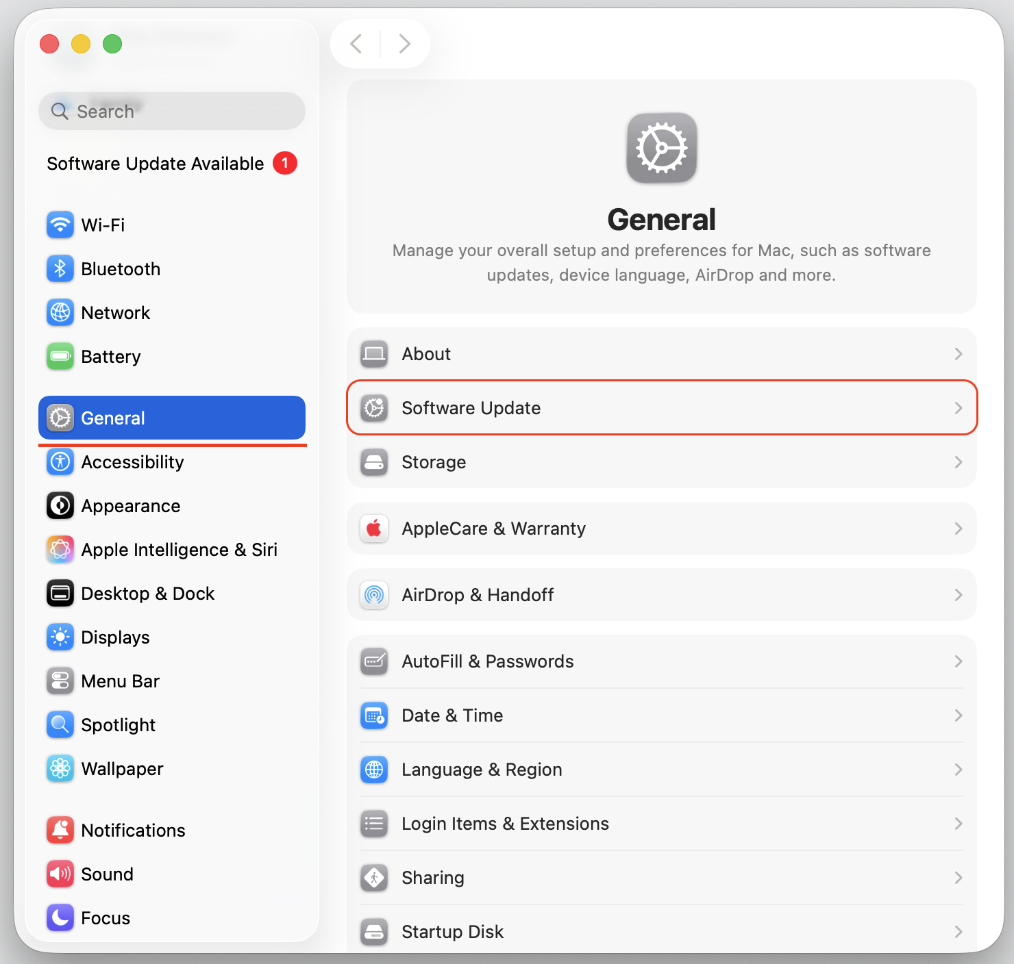 macOS System Settings on a MacBook showing the General tab with Software Update selected to install the latest macOS version on the Apple device.
