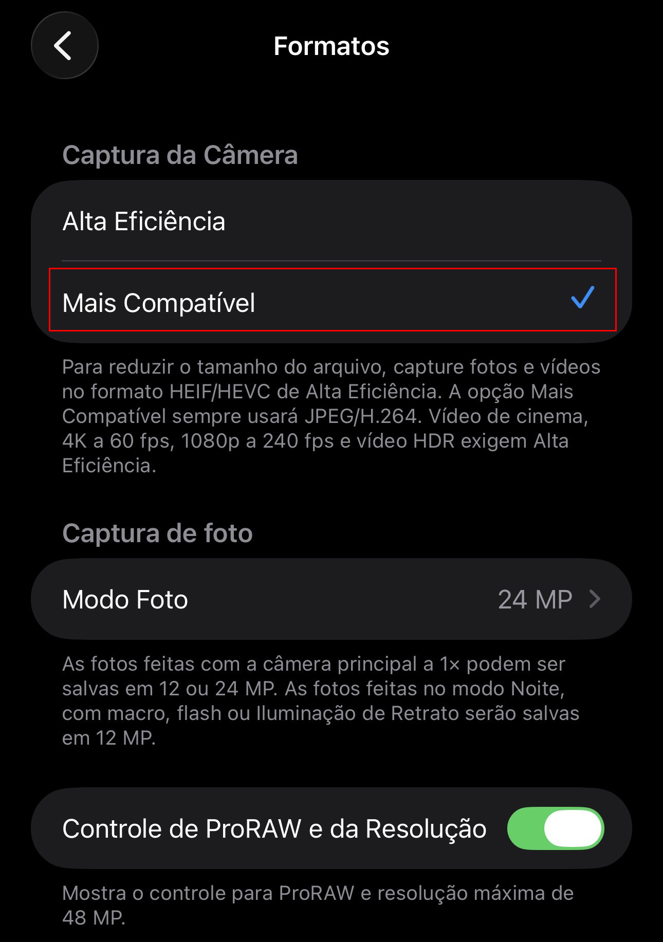 Converta seus formatos HEIC para JPG indo em Ajustes > Câmera > Formatos no seu iPhone. Aqui, você encontrará Mais Compatível; selecione essa opção em vez de Alta Eficiência.