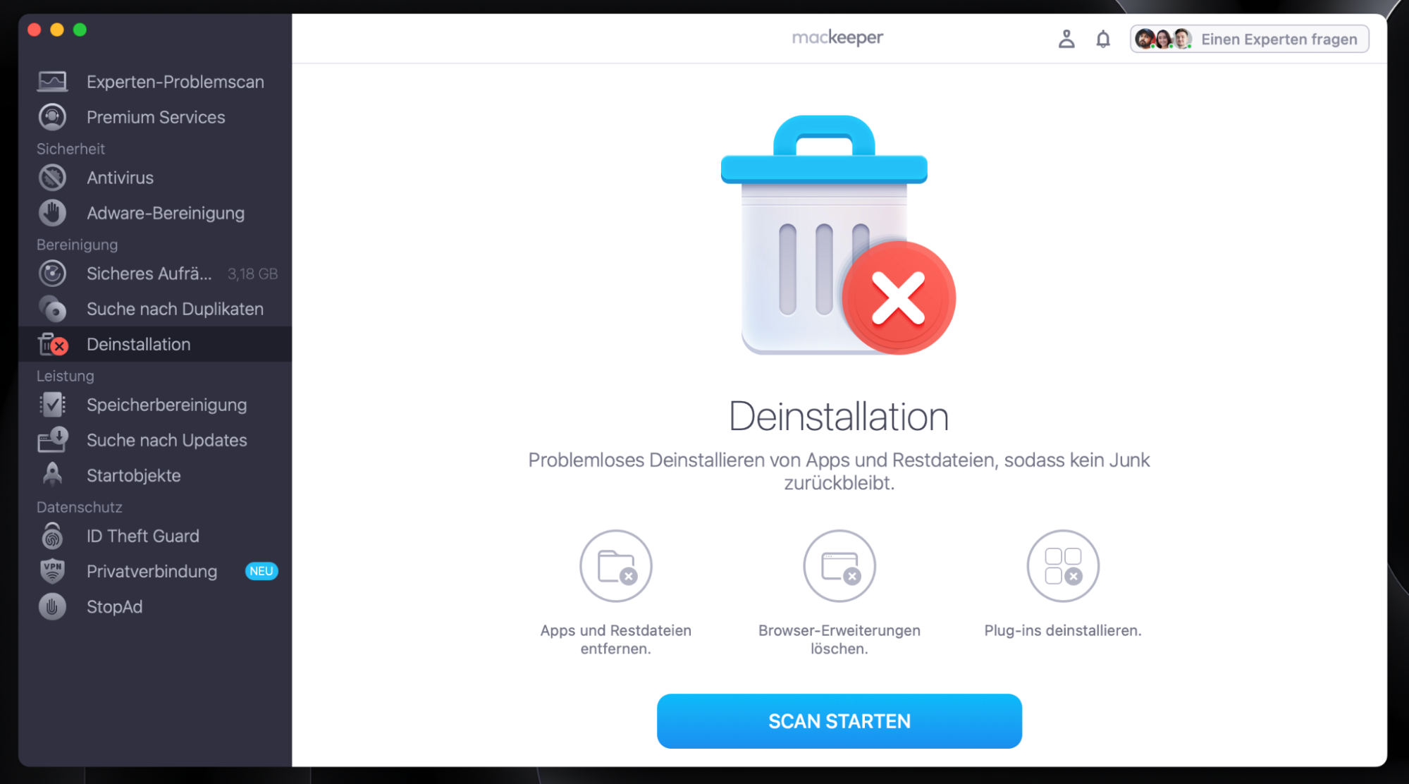 Um Google Chrome von Ihrem Mac zu entfernen, starten Sie MacKeeper, wählen Sie Deinstallation und klicken Sie auf Scan starten.