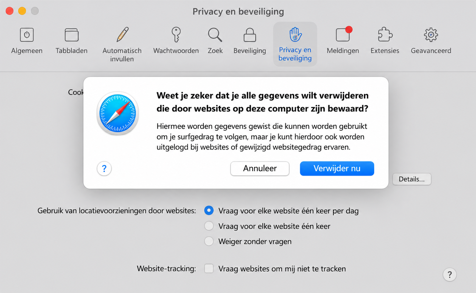 Klik op Nu verwijderen om het proces te starten van het wissen van opgeslagen gegevens uit je browser.